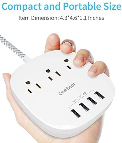 One Beat Desktop Power Strip with 3 Outlet 4 USB Ports 4.5A, Flat Plug and 5 ft Long Braided Extension Cords for Cruise Ship Travel Home Office, ETL Listed