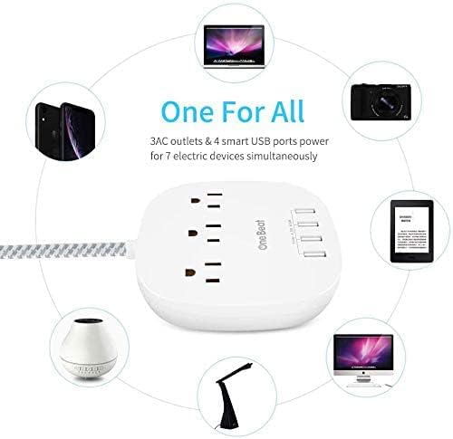 One Beat Desktop Power Strip with 3 Outlet 4 USB Ports 4.5A, Flat Plug and 5 ft Long Braided Extension Cords for Cruise Ship Travel Home Office, ETL Listed