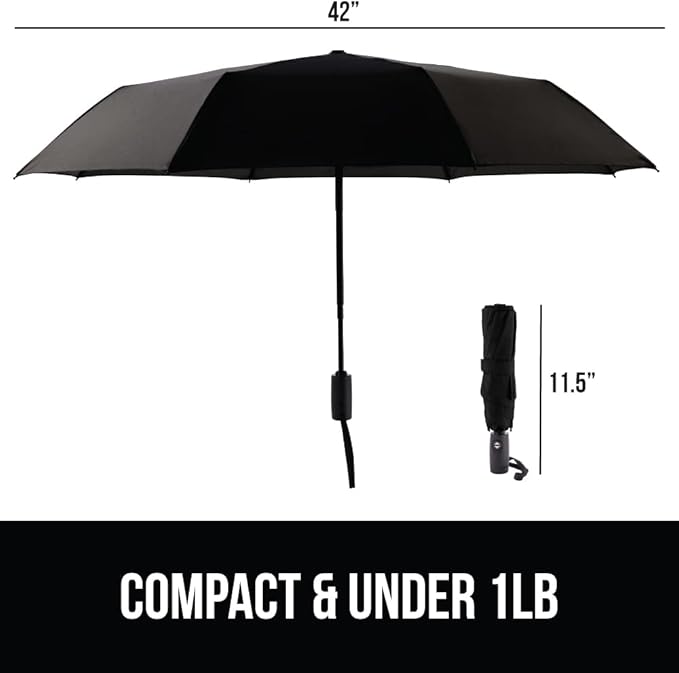 GORILLA GRIP Strong Stick Umbrella for Rain Compact Travel One-Click Automatic Open Close Lightweight Portable US Designed Reinforced Fiberglass Ribs Wind Resistant Easy Collapse Black Sky Blue 2 Pack