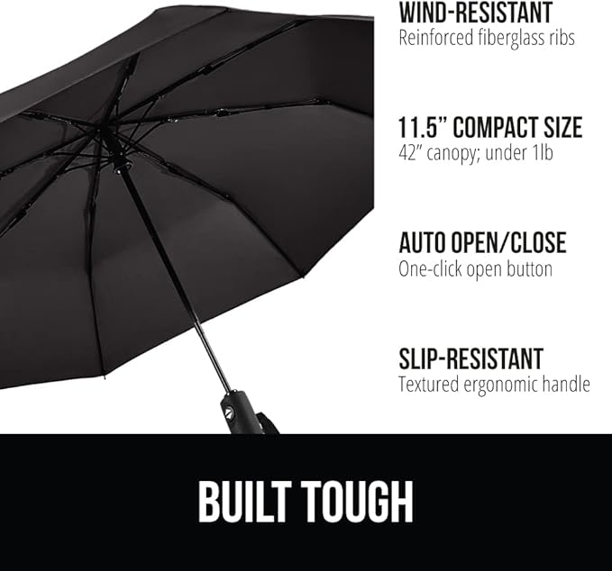 GORILLA GRIP Strong Stick Umbrella for Rain, Compact Travel One-Click Automatic Open Close, Lightweight Portable US Designed Reinforced Fiberglass Ribs, Wind Resistant Easy Collapse Black Navy 2 Pack