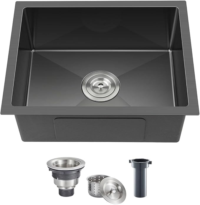 20-inch Undermount Kitchen Sink Black, T304 Stainless Steel Single Bowl Kitchen Sink Undermount, 9-inch Deep Sink Bowl Small Bar Sink, D20"xW16"xH9"