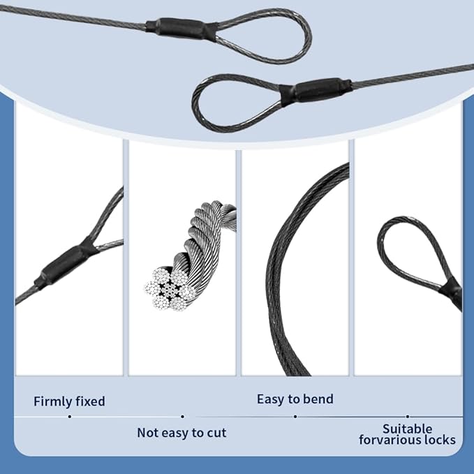 3.3mm (1/8 Inch) Outdoor Travel Stainless Steel Security Cable-10ft Luggage Lock Safety Wire Flexible Steel Wire Rope with Double Loop Safety for Luggage, Bike, Lock (Black, 10ft-(1Pack)
