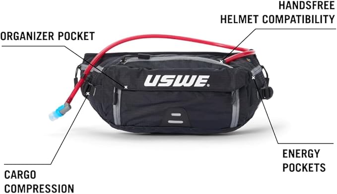 USWE Zulo Hydration Hip Pack - with Organizer and Side Pockets, Bounce Free Hip Belt (6L, Black)