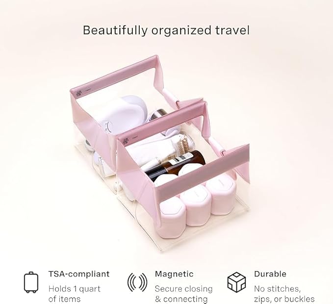 Cadence Parcel - Clear Kit with Magnetic Closure - Durable and Leak-Resistant Travel Toiletry Kit - Modular Design - Hygiene Bag for Travel Essentials - 4 Qt - Rose