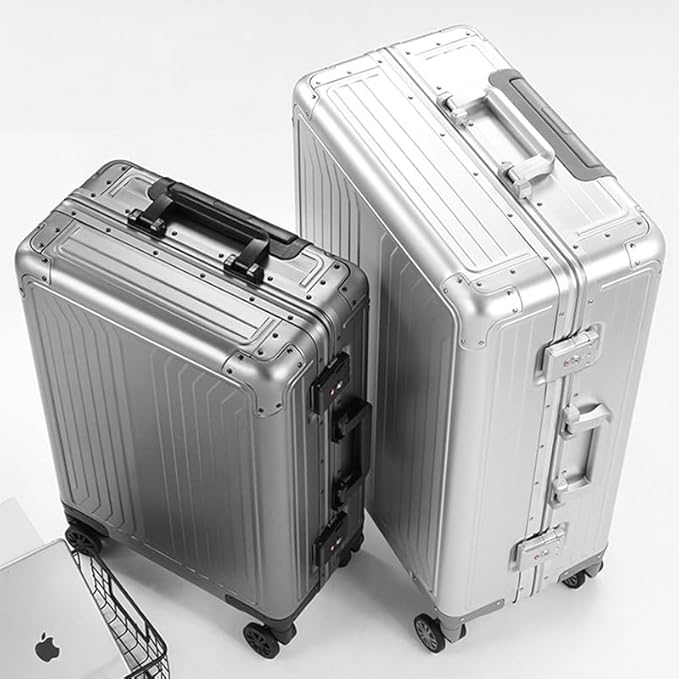 Metal all aluminum carry-on suitcase 20 "hard face, TSA lock and rotating wheel zippered luggage set (silvery, 28 '')