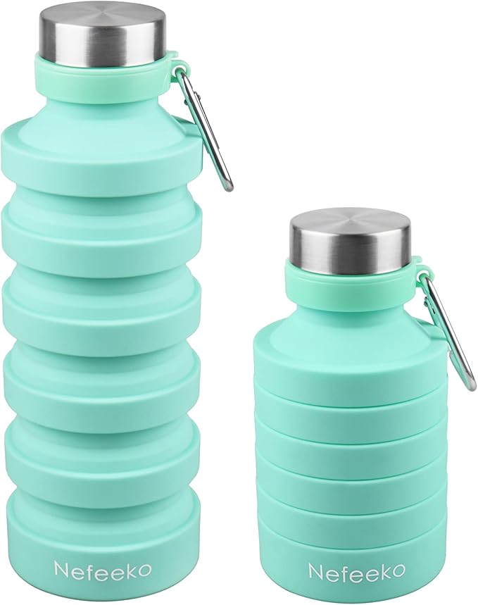 Nefeeko Collapsible Water Bottle, Reuseable BPA Free Silicone Foldable Water Bottles for Travel Gym Camping Hiking, Portable Leak Proof Sports Water Bottle with Carabiner