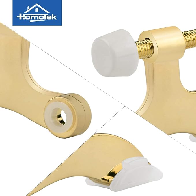 HOMOTEK 4 Pack Hinge Pin Bright Brass Door Stopper, Gold Door Stops, Adjustable Deluxe Heavy Duty Door Stopper 2-1/2"x1-3/4”,with White Rubber Bumper Tips