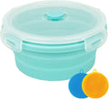 CARTINTS Small Collapsible Bowl Silicone Food Storage Containers Collapsible Camping Bowl for Travel Camping Hiking with Airtight Plastic Lids and 2Pack Silicone Dish Sponges- Blue, 500ml