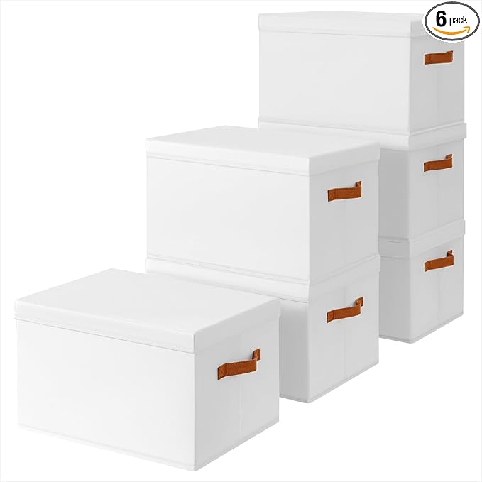 Storage Bins with Lids - Large Fabric Closet Bins with Lid, 6 Pack Clothes Organizers and Storage, Collapsible Stackable Cube Basket for Home, Office, Dorm, White