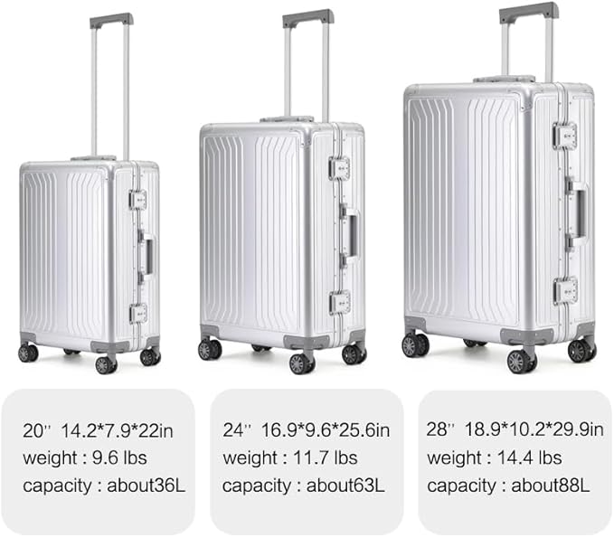 Metal all aluminum carry-on suitcase 20 "hard face, TSA lock and rotating wheel zippered luggage set (black, 2Piece(20/28))