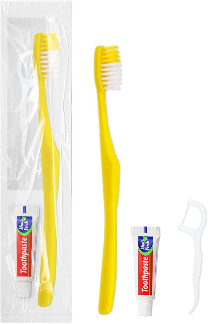 15pcs Disposable Toothbrushes with Toothpaste and Floss,Yellow Bulk Single Use Toothbrush Floss Pick Individually Wrapped Disposable Travel Toothbrushes Kit for Homeless,Airbnb,Hotel,Guest