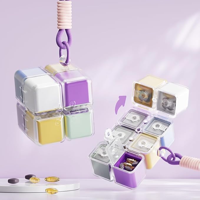 Purse Pill Organizer,Magnetic Cube Cute Pill Box,Pill Compact with 8 Compartment,Vitamin Container Weekly Pill Case (Multi-Color)