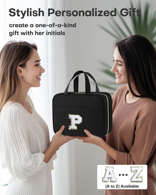 HOTOR Travel Toiletry Bag - Personalized Chenille Initial Makeup Bag, Water-Resistant Personalized Gifts for Women, Portable Travel Accessories & Essentials, Letter P, Black, 11.4"×9.0"×3.35"