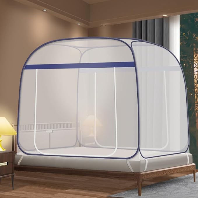 Pop-Up Mosquito Net Tent for Beds Portable Folding Canopy with Net Bottom, Fits Twin to King Size 79x71x59inch, Easy Install Wash for Baby Adults, Indoor Outdoor Use (Blue-King Bed)