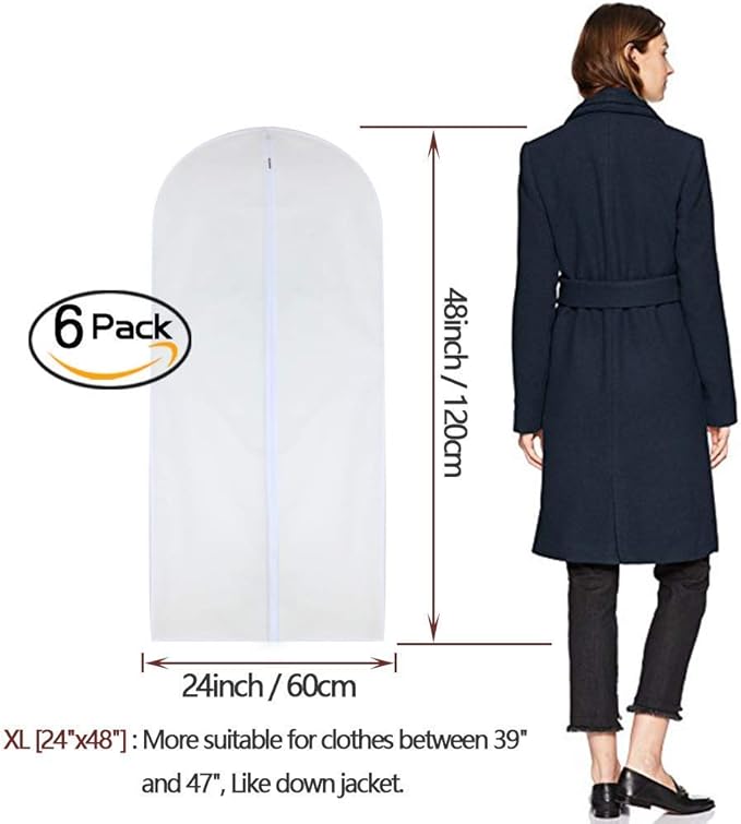 Garment Bag Covers 24'' x48'' Garment Bags White Breathable Full Zipper Dust Cover for Clothes Storage Closet Pack of 6