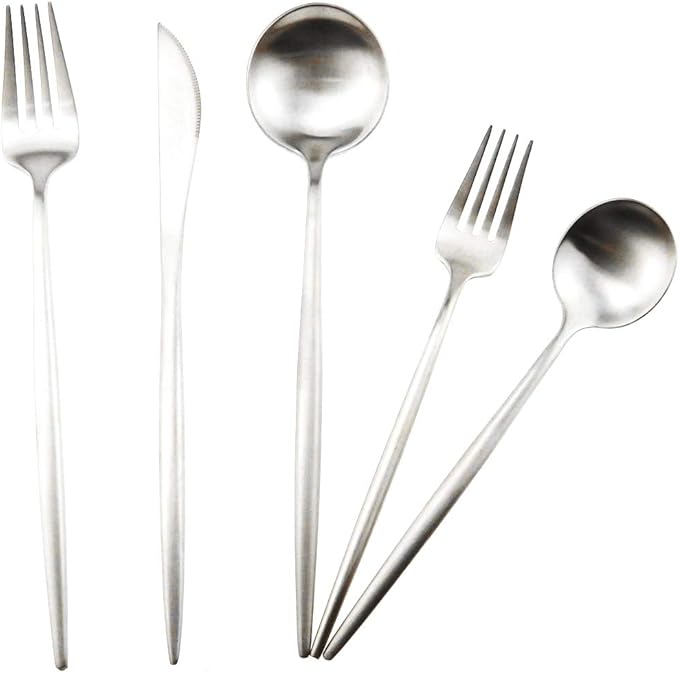 Matte Silver Silverware Set,Gugrida 5-Piece 18/10 Stainless Steel Satin Finish Flatware Set,Kitchen Utensil Set,Tableware Travel Cutlery Set for Camping Office or School Lunch, Dishwasher Safe