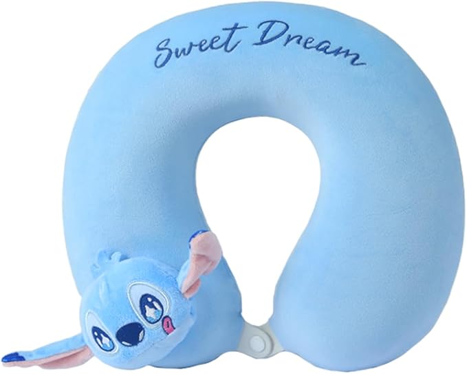 MINISO Disney Stitch Travel Pillow 100% Pure Memory Foam Neck Pillow, Airplane Pillow for Traveling Car Home Office Washable Cover