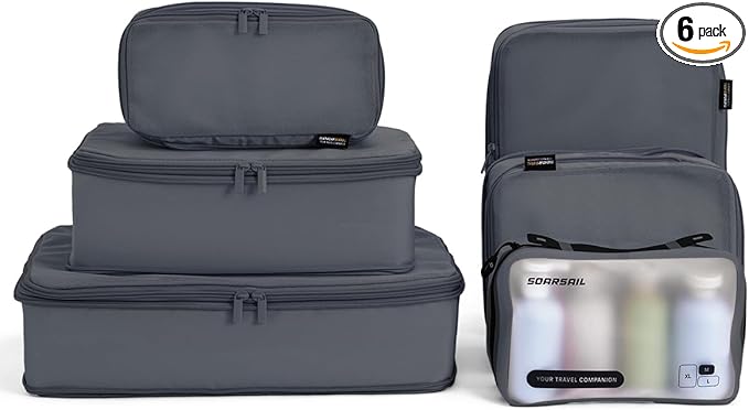 6 Set Compression Packing Cubes for Travel, Large Medium Small Luggage Organizers, Storage Bags for Clothes (6 Pack, Charcoal Gray)