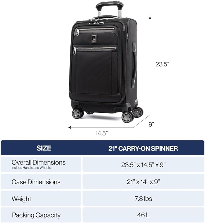 Travelpro Platinum Elite Softside Expandable Carry on Luggage, 8 Wheel Spinner Suitcase, USB Port, Suiter, Men and Women, True Navy Blue, Carry On 21-Inch