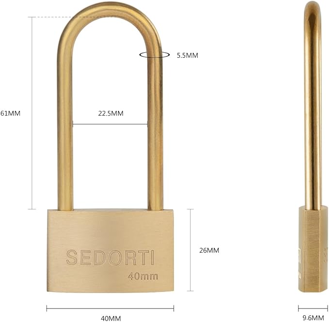 Weather Proof Lock, Keyed Alike Solid Brass Padlocks with Long Brass Shackle, Light Duty, 1-1/2" Wide Body, Marine Padlock, Anti Rust Lock, 8 Pack