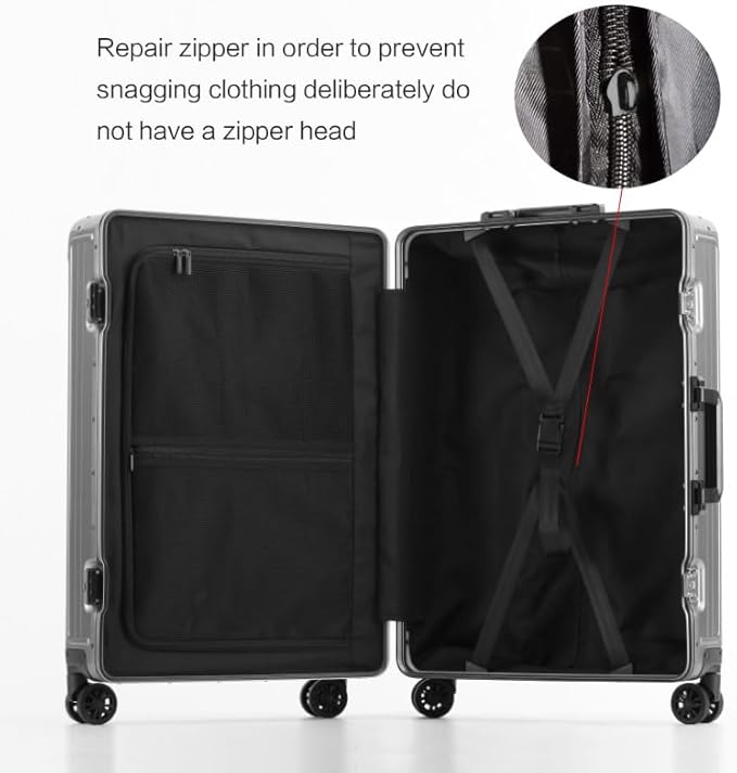 Metal all aluminum carry-on suitcase 20 "hard face, TSA lock and rotating wheel zippered luggage set (black, 28 '')