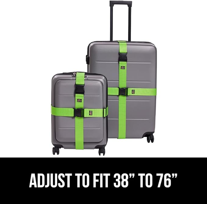 GORILLA GRIP Heavy Duty 4 Pack Adjustable Luggage Straps for Suitcases, Easy to Identify Travel Belt Connector Holds Suitcase Together, Extends Life of Bag, Strap Connects Two Bags, Accessories Green
