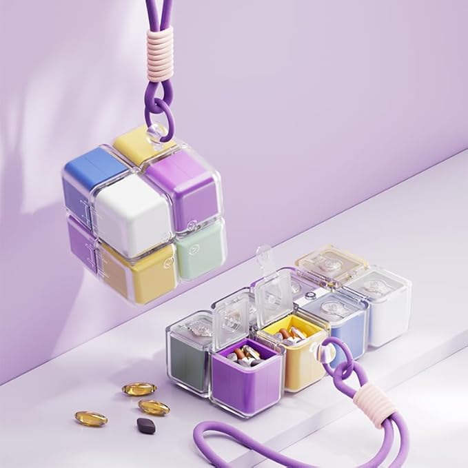Travel Pill Organizer,Magnetic Cube Cute Pill Box,Pill Compact with 8 Compartment,Vitamin Cases Organizers 7 Day for Vitamins & Supplements (White)
