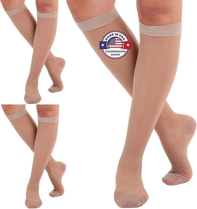 (3 Pairs - Closed Toe) Made in USA - Sheer Compression Stockings for Women 15-20mmHg - Womens Compression Socks for Circulation during Travel, Airplane, Sport, Athletic - Nude, X-Large - A101NU4-3