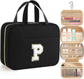 HOTOR Travel Toiletry Bag - Personalized Chenille Initial Makeup Bag, Water-Resistant Personalized Gifts for Women, Portable Travel Accessories & Essentials, Letter P, Black, 11.4"×9.0"×3.35"