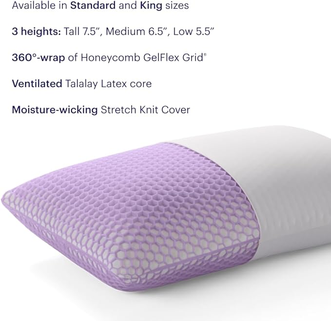 Purple Harmony Pillow - King Medium, Greatest Pillow Ever Invented, 360º Hex Grid & Talalay Latex Core - No Pressure Support, Stays Cool, Luxurious Comfort