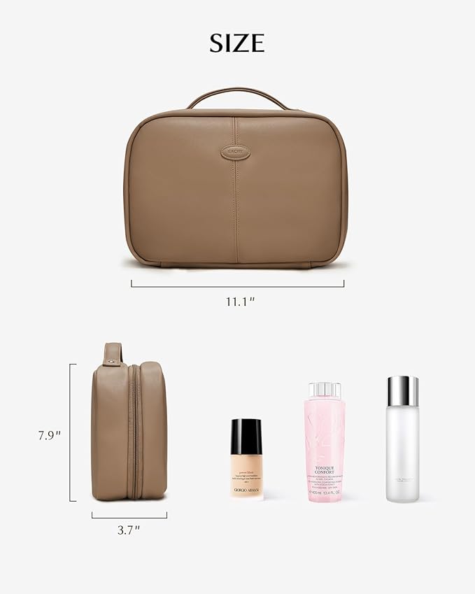EACHY Toiletry Bag with Hanging Hook, Travel Makeup Bag PU Leather Cosmetic Bags for Women Make Up Organizer with 4 Compartments Waterproof Full-Size Portable Travel Essentials (Etoupe Grey-Pro)