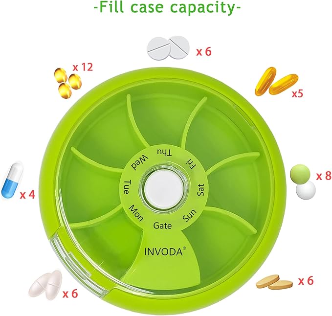 INVODA Weekly Pill Organizer 7 Compartment Rotating Pill Box for Daily Medication & Vitamins - Portable Travel Pill Case Fish Oil Supplements Vitamins Organizer (Green+Sky Blue+Orange)