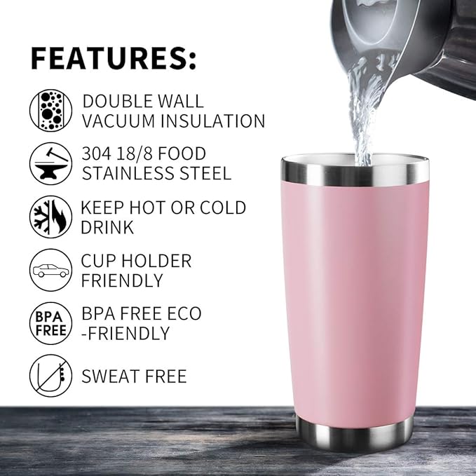 20oz Tumbler Stainless Steel Vacuum Insulated Mug with Lid, Double Wall Travel Mug, Durable Powder Coated Coffee Cup, Suitable for Ice Drinks and Hot Beverage (Pink 12pack)