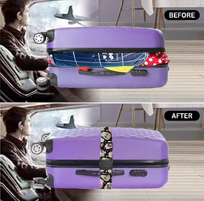 Luggage Straps for Suitcases Travel Belt Accessories, Cute Suitcase Strap, Adjustable Luggage Belt Strap, Heavy Duty with Quick-Release Buckle Luggage Strap Cool Flower Skull