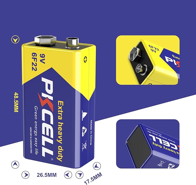 PKCELL 9V Battery Carbon Zinc for Smoke Detectors 6F22 Battery, 10-Year Shelf Life，Ultra Long-Lasting(2 Count)