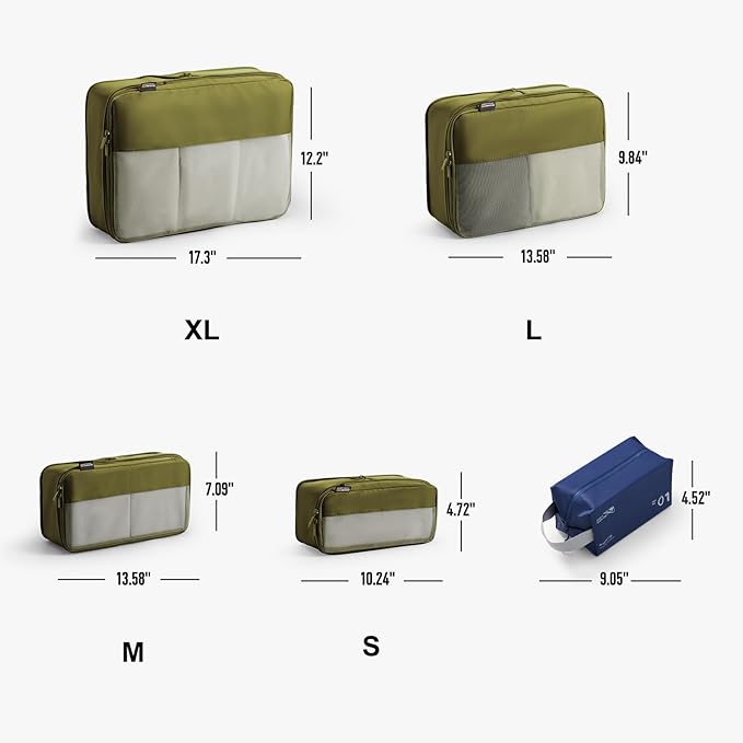 5 Set Compression Packing Cubes for Travel, Space Saving Luggage Organizer Bags (Army Green)