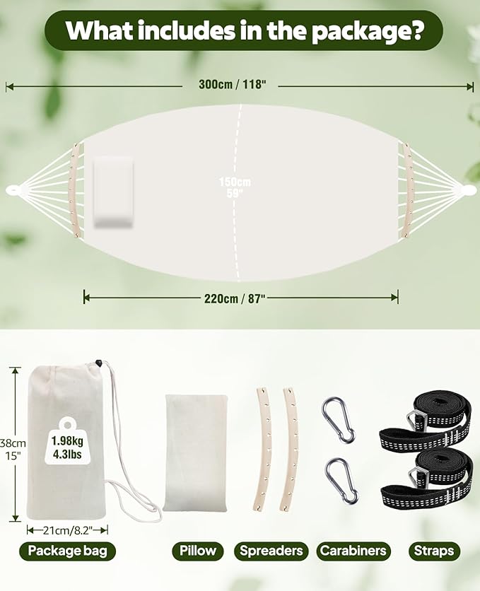 Chihee Cotton Hammock Large Soft Breathable Camping Hammock Holds Up to 660lbs Portable Tree Hammock with Detachable Spreader Bar Pillow 2 Strong Webbings 2 Carabiners Patio Garden Indoor Outdoor