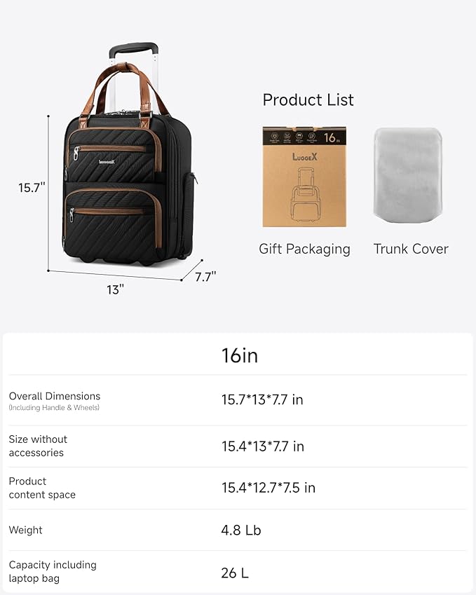 LUGGEX Underseat Carry On Luggage with Wheels, Stylish Lightweight Under Seat Luggage, Soft Sided Personal Item Suitcase for Short Trip (Chestnut Black, 16 Inch)