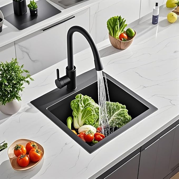 ARTLINE 15 x 15 Inch Black Drop in Bar Sink, Stainless Steel Single Bowl Kitchen Sink, Small Topmount 9 Inch Deep Wet Bar sink for Outdoor Prep RV Yard Laundry Utility with Dish Grid & Drain