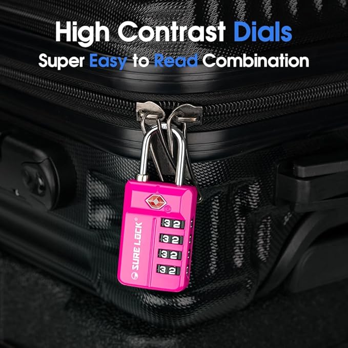 SURE LOCK TSA Approved 4-Digit Resettable Combination Luggage Locks with Open Alert, Easy-Read Dials - for Luggage, School Lockers, Gym, Office, Toolbox & Security Cases (Pink 2 Pack)