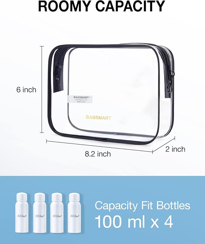 BAGSMART Clear Toiletry Bag, 3 Packs TSA Approved Water resistant Quart Size Travel Organizer, Airport Airline Travel Essential Carry On Makeup Cosmetic Bags for Women, Black