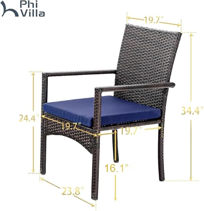 PHI VILLA Patio Wicker Chair Set of 2, Outdoor Modern PE Rattan Armchair with Removable Cushions for Deck, Porch, Balcony