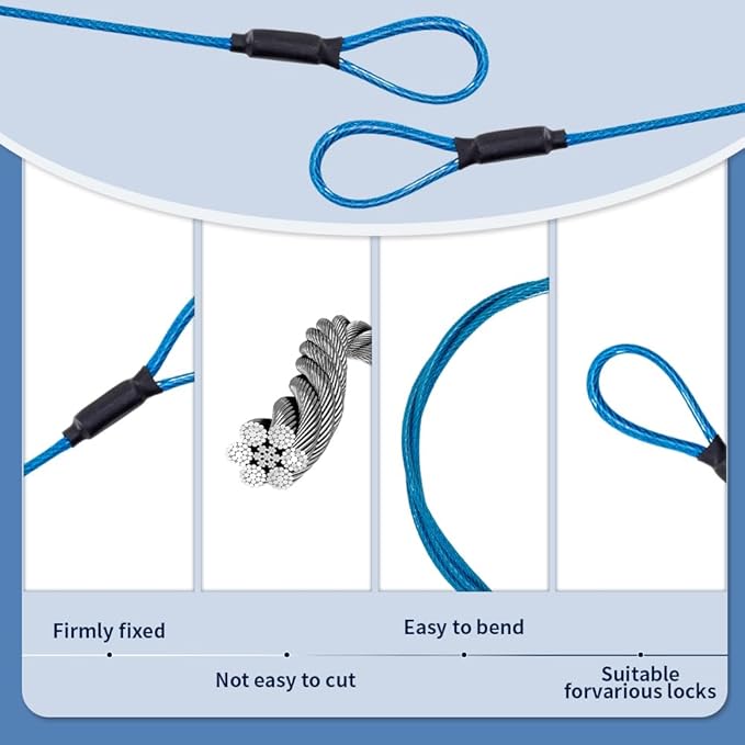 3.3mm (1/8 Inch) Outdoor Travel Stainless Steel Security Cable-30ft Luggage Lock Safety Wire Flexible Steel Wire Rope with Double Loop Safety for Luggage, Bike, Lock(Blue, 30ft-(1Pack)