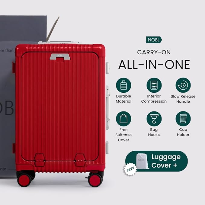 Nobl Travel Carry On Luggage, Noble Zipperless Aluminum Frame PC Hard Shell Suitcase, 22.5x15x9.5 Airline Approved, 360° Spinner Wheels, TSA Locks, USB Charging Port, Cup & Phone Holder - Red