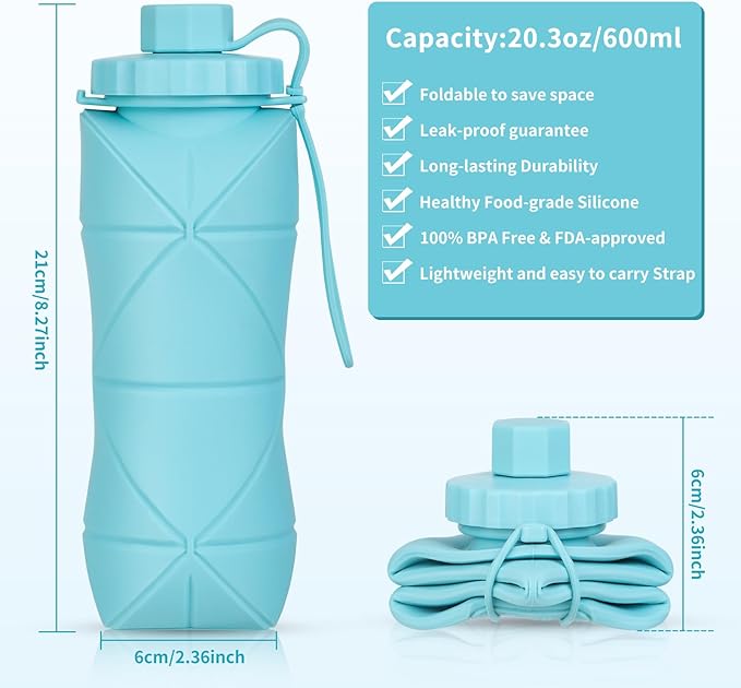 Silicone Collapsible Water Bottles,Lightweight Reusable Leakproof For Traveling Camping Hiking Cycling Sports Outdoor,Foldable Portable Travel Water Bottle 600ML Dark Blue 1Pack.