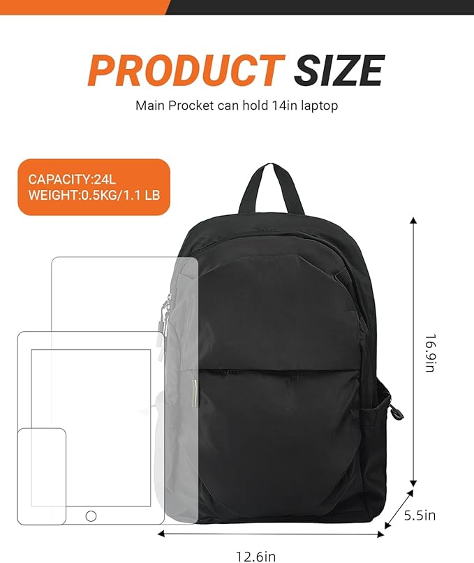Multi-Pocket Laptop Backpack, 24L Capacity, Fits 14-inch Laptop, 16.9x12.6x5.5 inches, 1.1 lbs, Black/Navy/Gray (Blue)