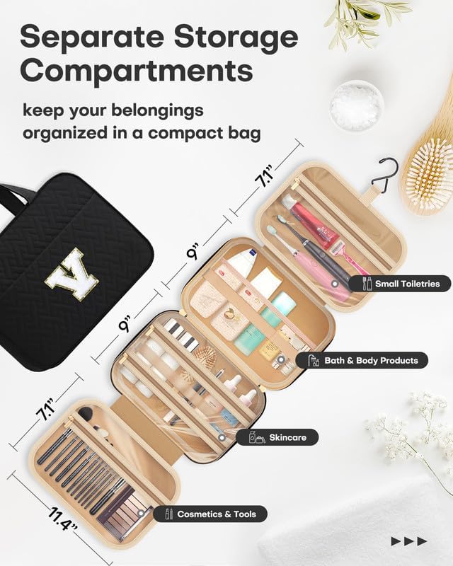 HOTOR Travel Toiletry Bag - Personalized Chenille Initial Makeup Bag, Water-Resistant Personalized Gifts for Women, Portable Travel Accessories & Essentials, Letter V, Black, 11.4"×9.0"×3.35"