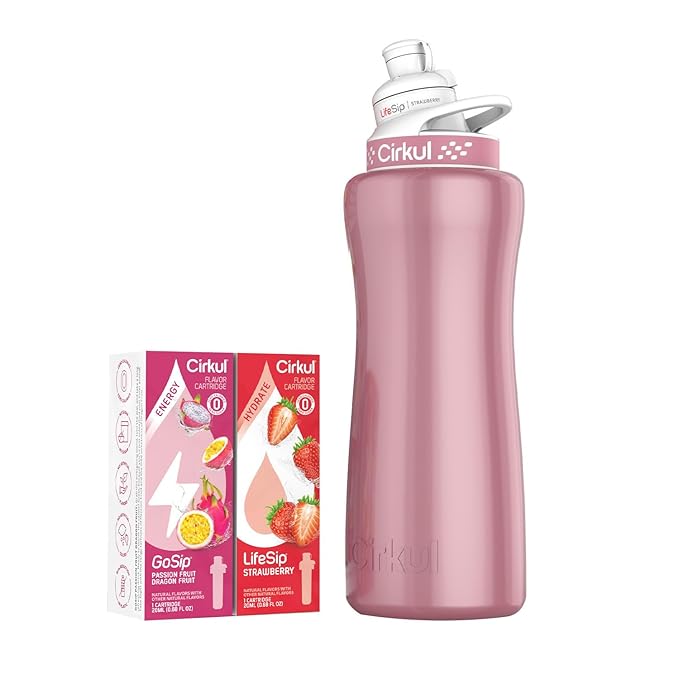 Cirkul 32oz. Rose Gold Stainless Steel Water Bottle Starter Kit with Rose Gold Lid and 2 Flavor Cartridges (1 LifeSip Strawberry, 1 GoSip Passion Fruit Dragon Fruit) No Sugar, Zero Calorie Drink Mix
