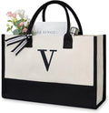 TOPDesign Embroidery Initial Canvas Tote Bag, Personalized Present Bag, Suitable for Wedding, Birthday, Beach, Holiday, is a Great Gift for Women, Mom, Teachers, Friends, Bridesmaids (Letter V)