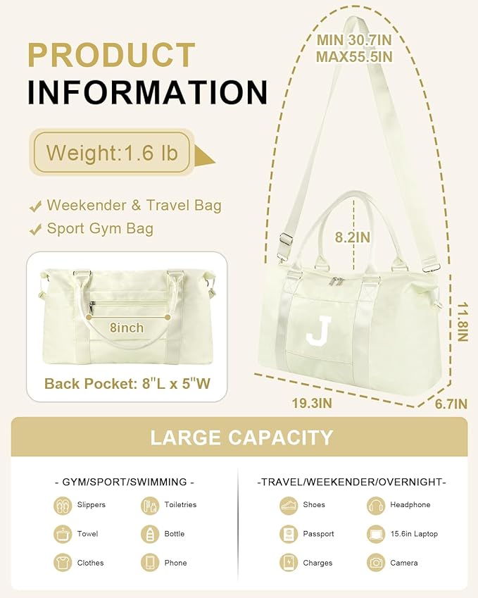 Initial Travel Duffel Bag Sports Gym Bag for Kids Teen Birthday Gifts,Beige Personalized Weekender Bag Carry On Dance Bags for Women Men,Waterproof Monogram Overnight Bag with Trolley Sleeve(Letter J)